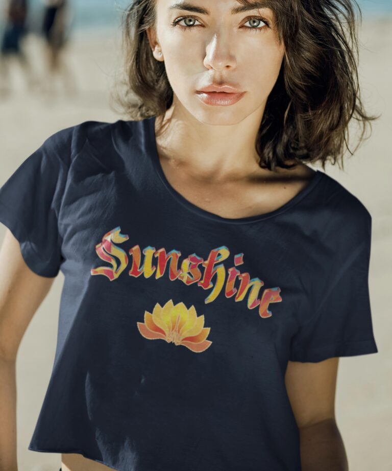 KDD brand woman wearing navy crop sunshine letter and sun graphic on the front