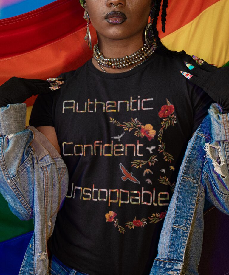 KDD brand WOMAN WEARING black tee authentic confident unstoppable letter flowers birds graphic on the front