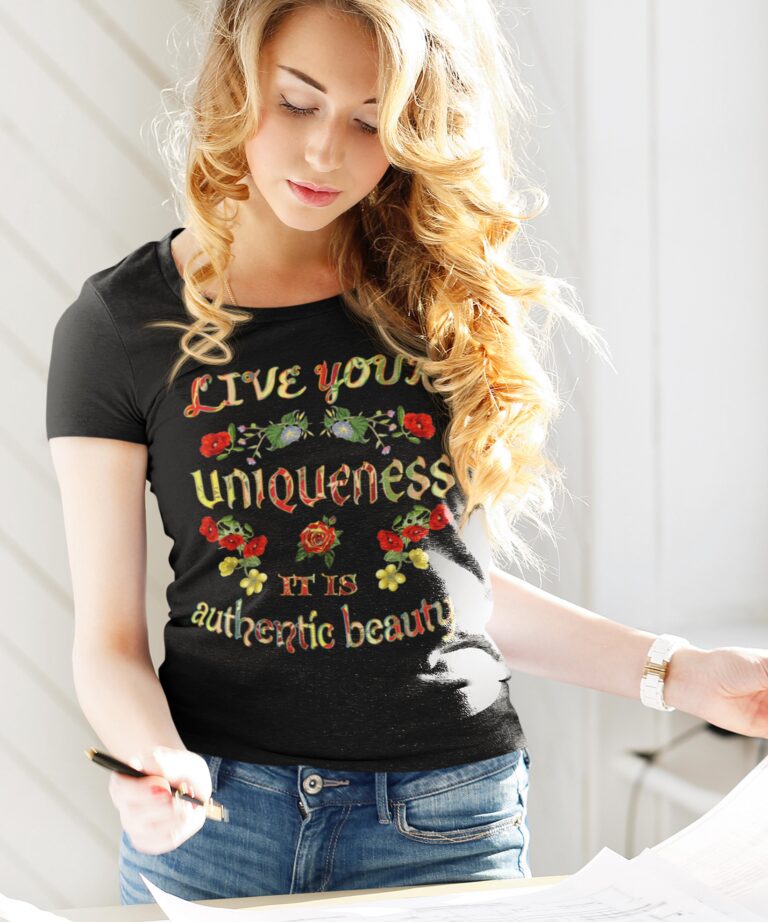 lady wearing black tshirt live your uniqueness it is authentic beauty letter and rose red yellow flowers graphic on the front